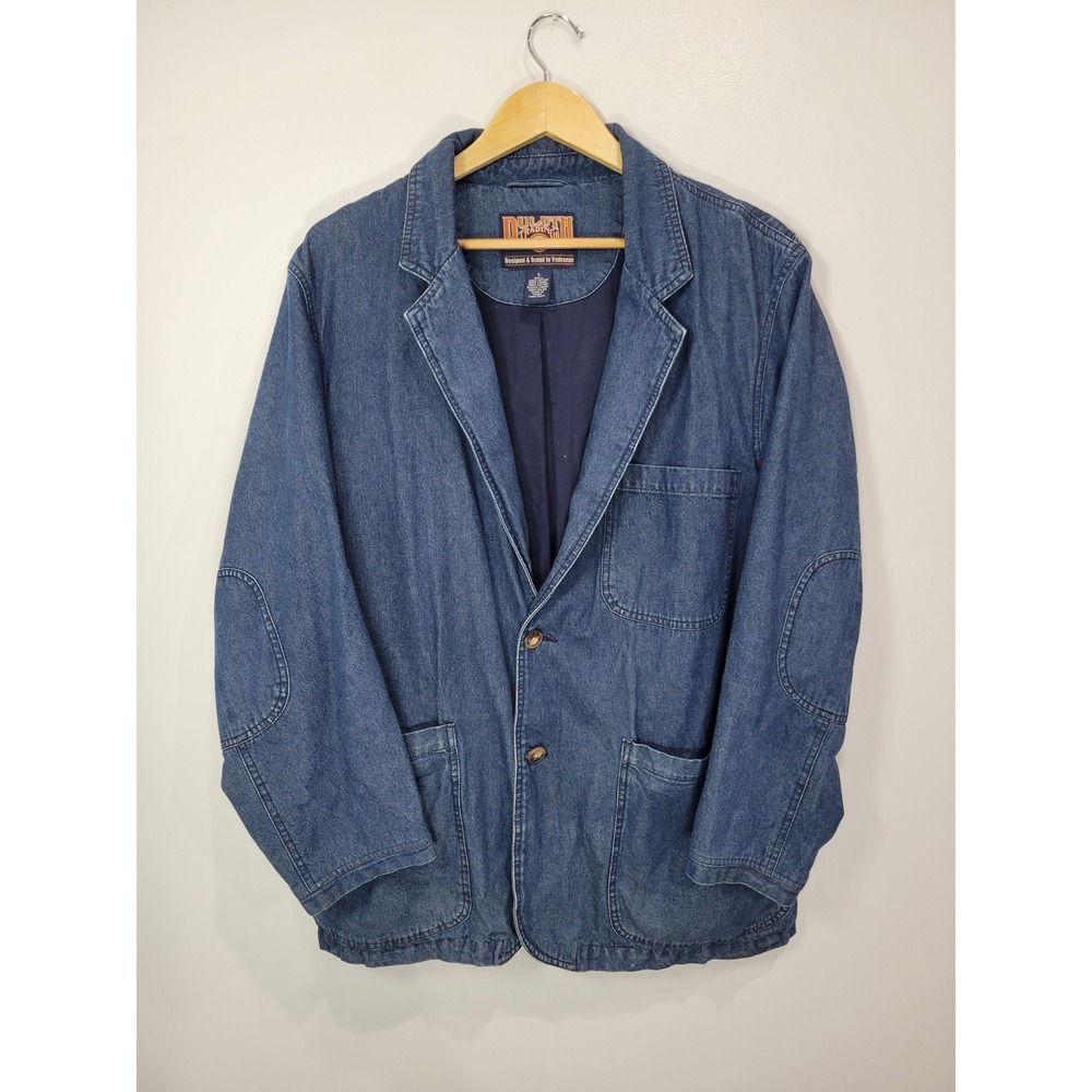 Duluth Trading Co Mens Blue Denim Chore Blazer Jacket Elbow Patches Large